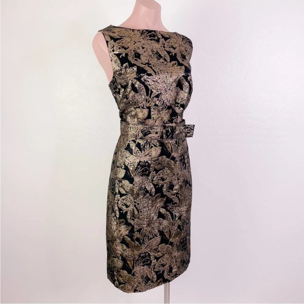 Jacquard Aurelia Black Gold Belt Sheath Midi Dress - Picture 3 of 9